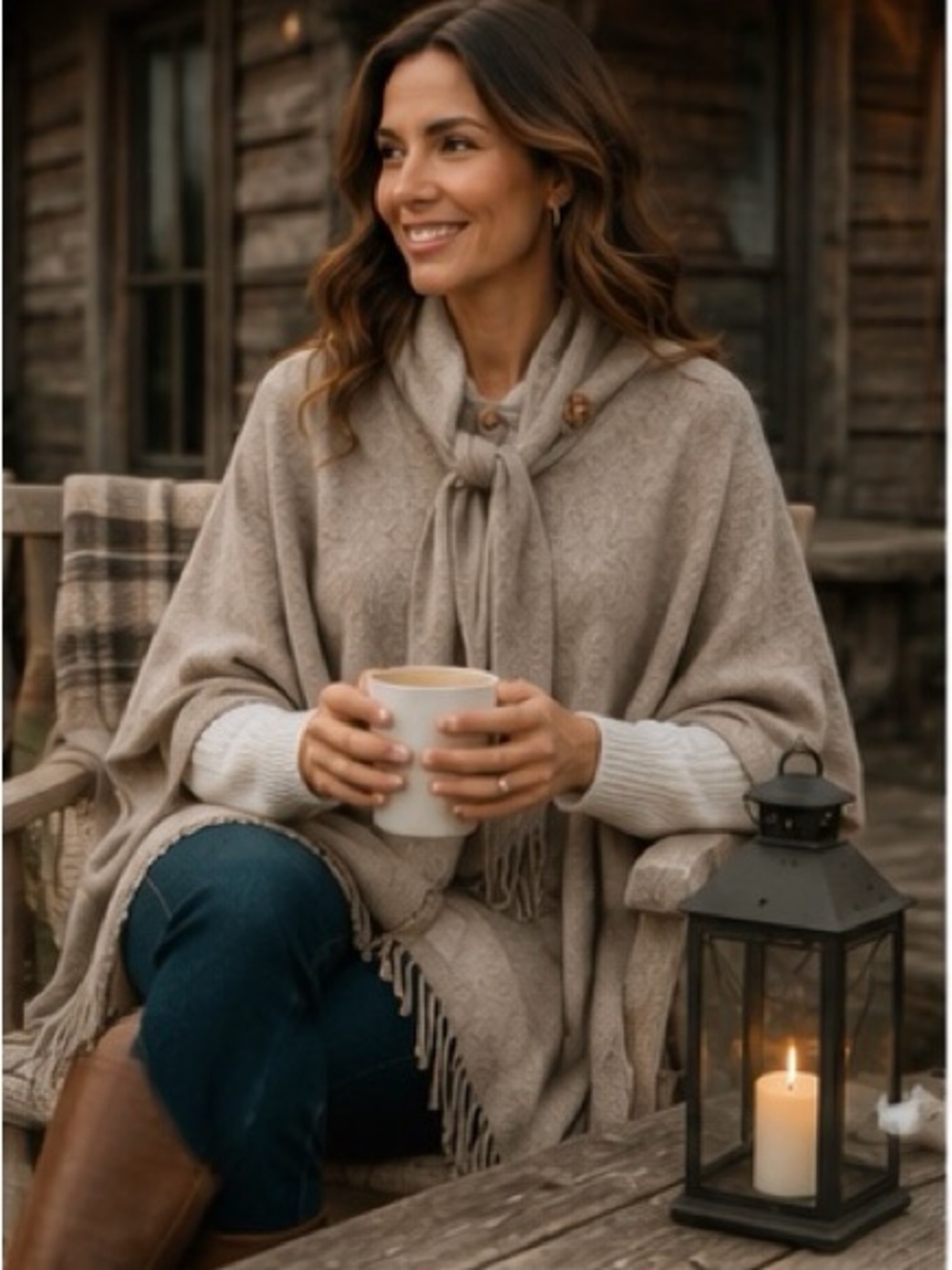 Luxury Wool Fringe Poncho Cape Wrap with Scarf Tie OneSize Cozy Quiet Fall Layer